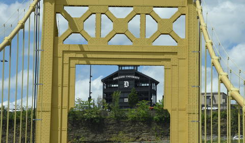 Pittsburgh yellow bridge with Duquesne in the background