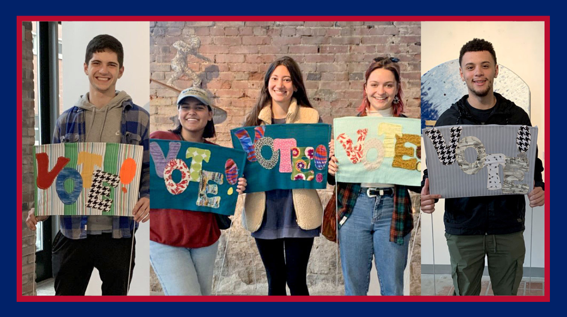 Duquesne University students holding quilted "Vote" signs
