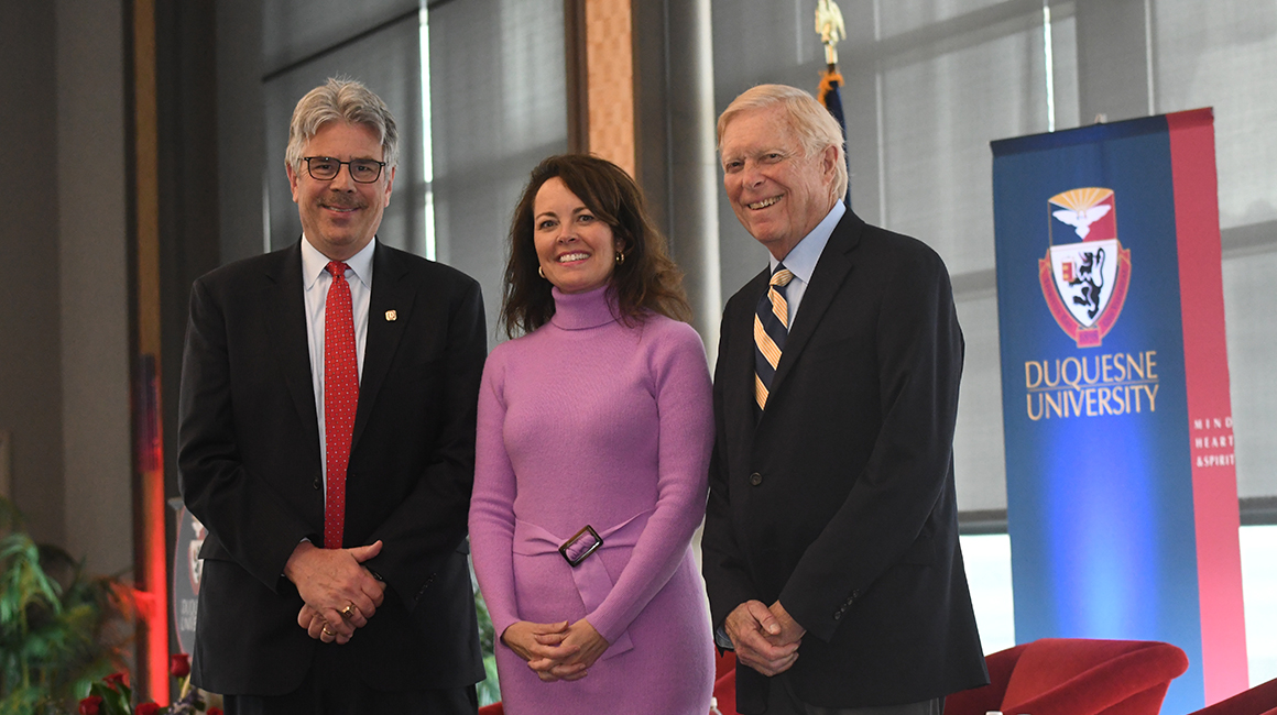 Duquesne University President Ken Gormley with Civil Discourse 2023 event panelists Elizabeth Preate Havey and Hon. Richard A. Gephardt 