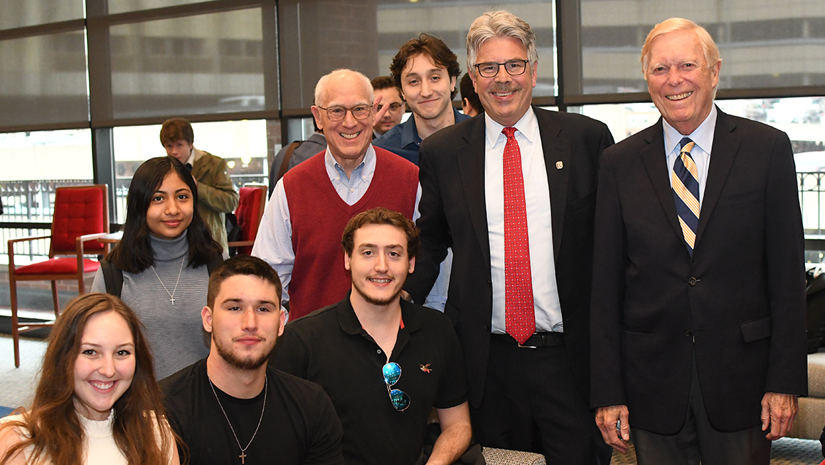 President Ken Gormley and Hon. Richard Gephardt with students at the Civil Discourse 2023 event reception.