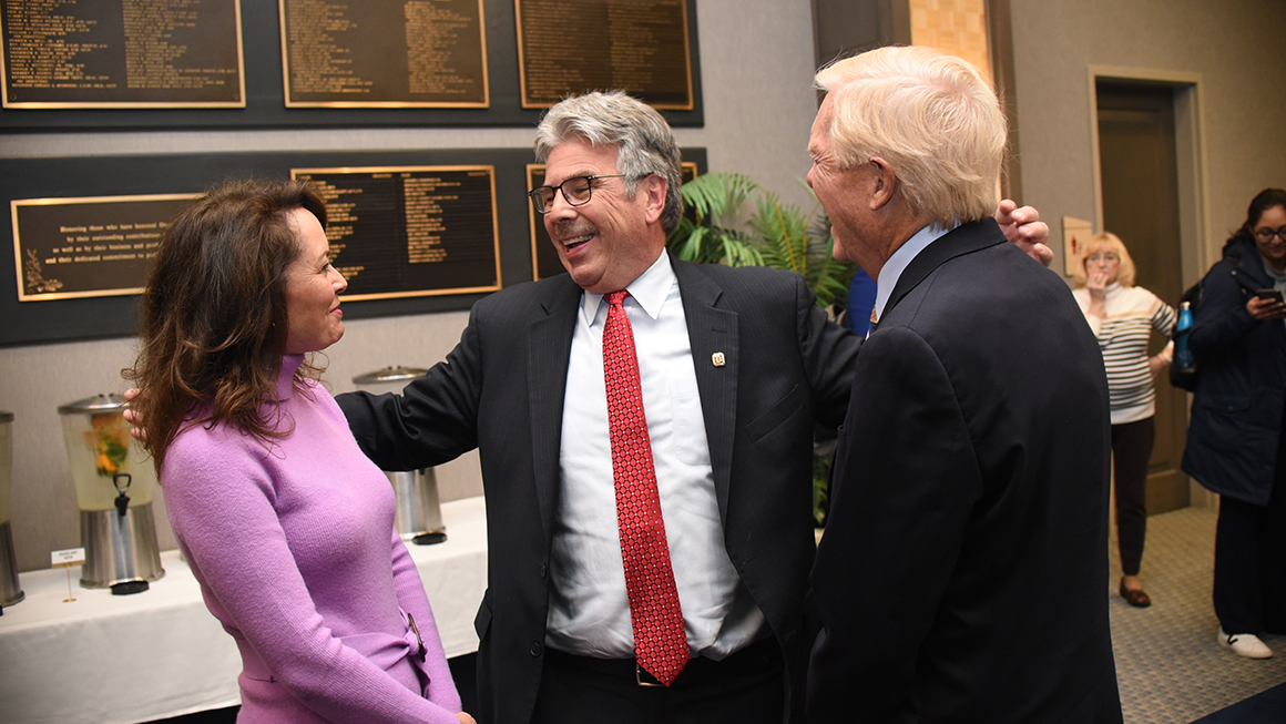 President Gormley with panelists Elizabeth Preate Havey, Hon. Richard Gephardt and Duquesne students at Civil Discourse 2023 event reception.