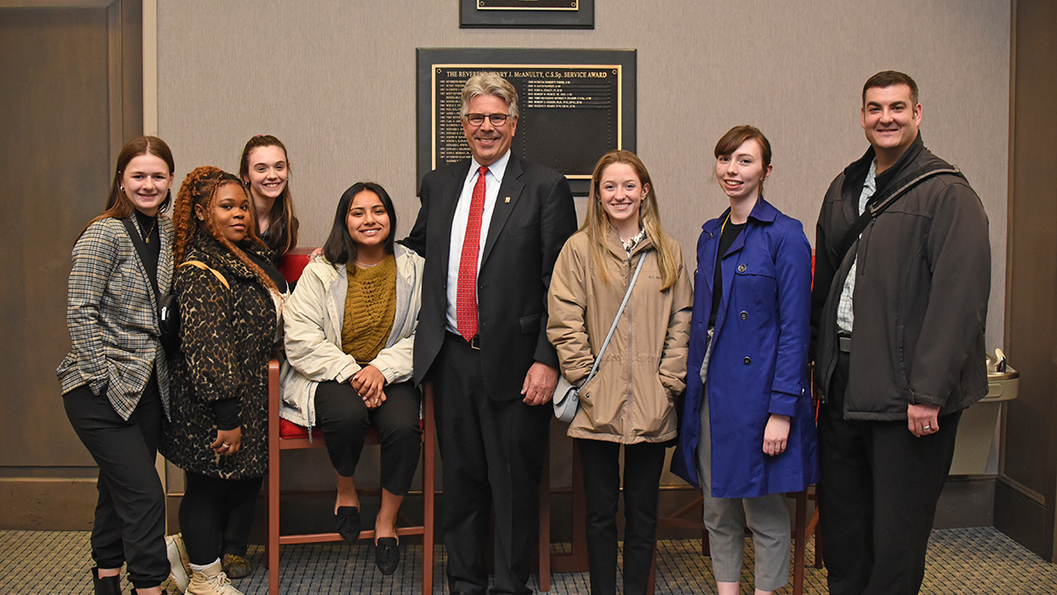 President Ken Gormley with students at the reception following the Civil Discourse 2023 event