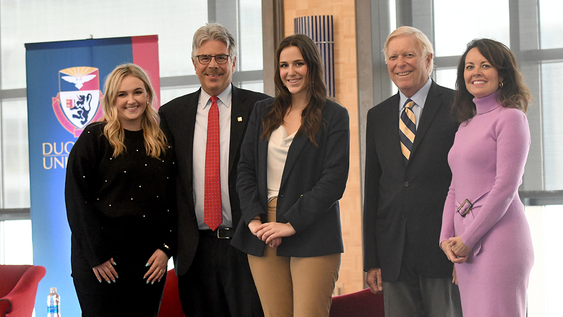 President Gormley with panelists and Duquesne student leaders at Civil Discourse 2023 event.