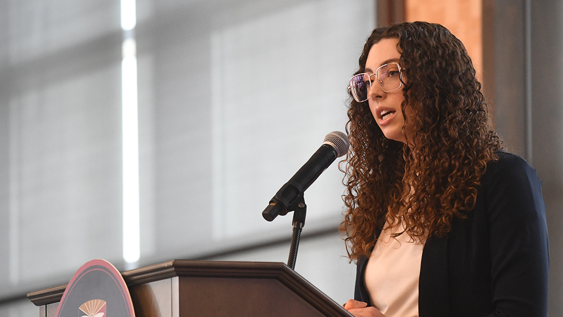 Duquesne SGA president Jessica Schmitz speaking at Civil Discourse 2023 event.