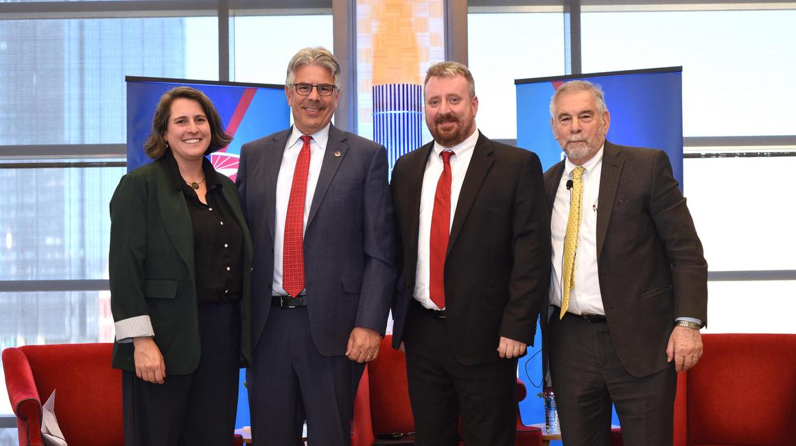 Pictured left to right are Maggie Feinstein, President Ken Gormley, John Mitcham and Michael Berenbaum