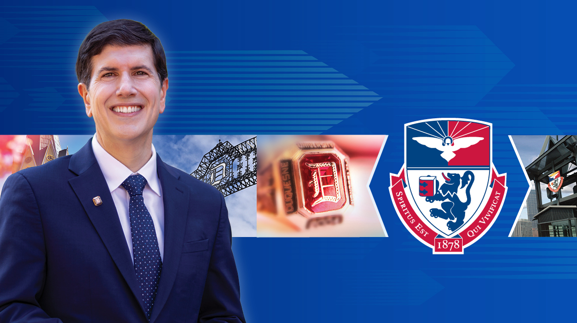 David Dausey headshot with the Duquesne bell tower, arch, red ring, University seal and skywalk tower behind him.
