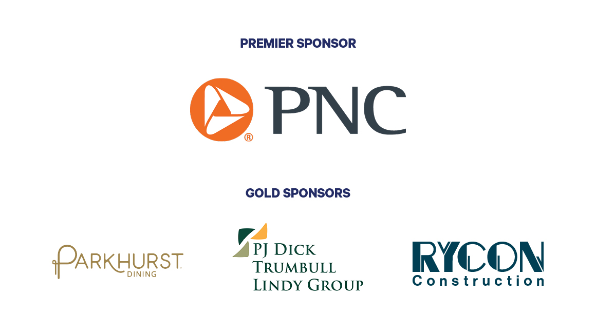 Image with "Premier Sponsor" text and PNC logo and "Gold Sponsor" text with Parkhurst, PJ Dick Trumbull Lindy Group and Rycon Construction logos.