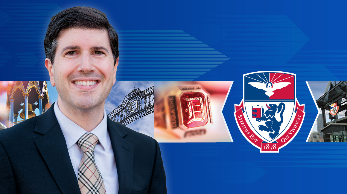 David Dausey headshot with the Duquesne bell tower, arch, red ring, University seal and skywalk tower behind him.