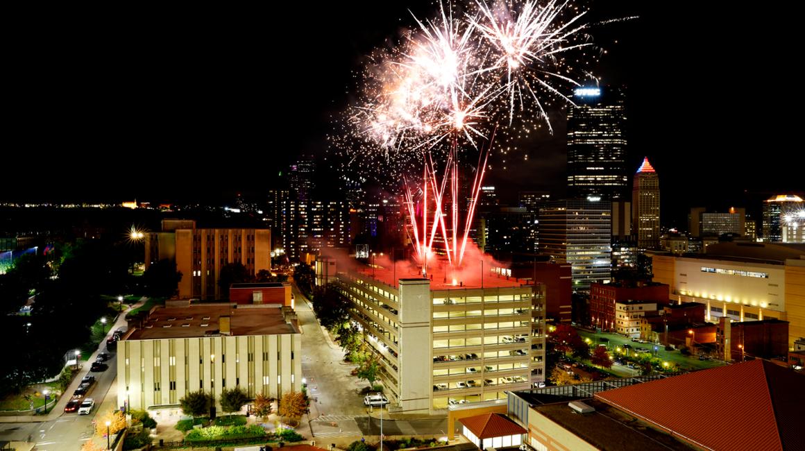 Forbes Parking Garage with fireworks