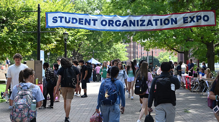 Duquesne students walking on A-Walk at the 2026 Student Organization Expo.