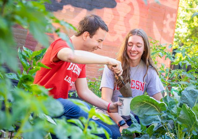 Duquesne students working in the garden on campus.
