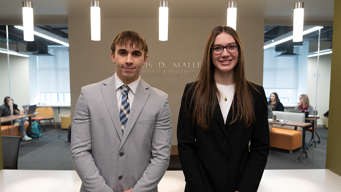 Congratulations to the 1st place team, Sullivan Hoffman (left) and Kaylie Baumgart (right), who proposed a personal finance podcast designed  to improve financial  literacy among  young professionals.