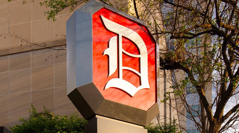 Duquesne University Red D Sign Outside of Rockwell Hall
