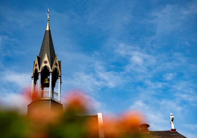 Duquesne University's bell tower during autumn.