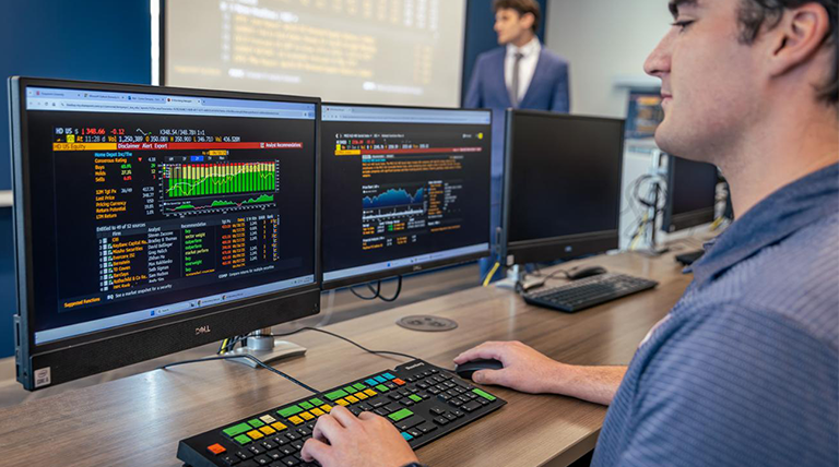 A finance student uses a Bloomberg terminal.