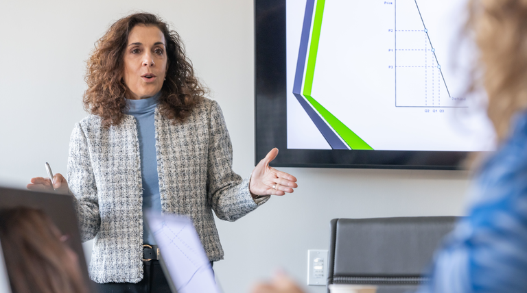 A professor teaches a graduate class. 