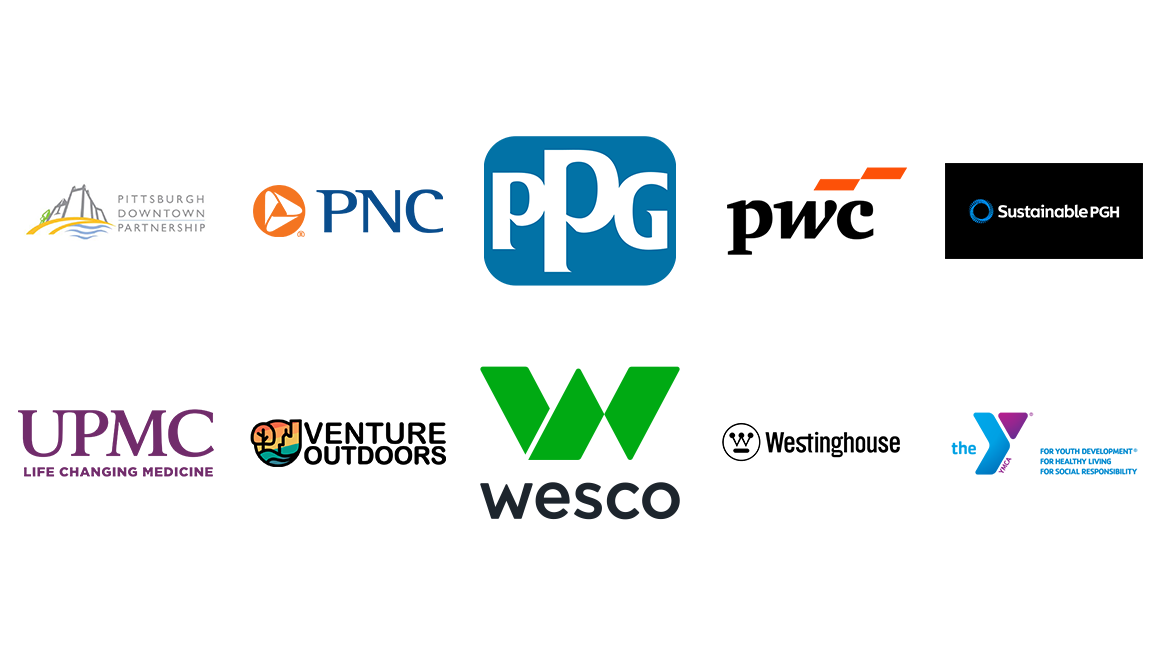 Image shows logos of part corporate partners including Pittsburgh Downtown Partnership, PNC Bank, PPG, PwC, Sustainable Pittsburgh, UPMC, Venture Outdoors, YMCA of Greater Pittsburgh, Wesco, Westinghouse