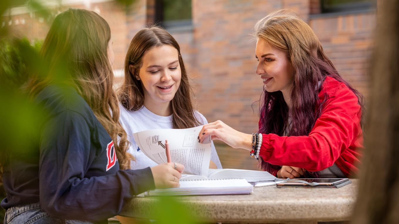 B.S.Ed. Secondary Education undergraduate students studying classroom teaching lesson outside at table framed by tree leaves.