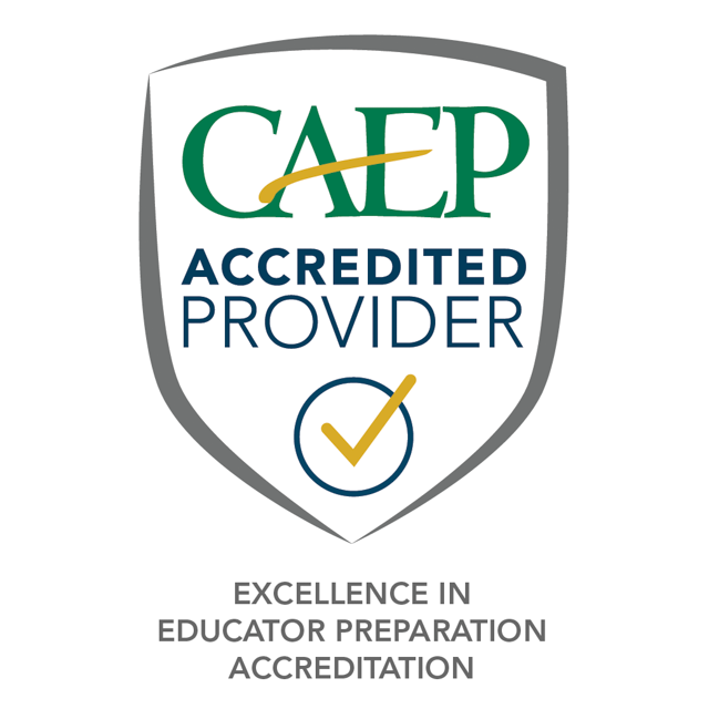 CAEP logo badge with checkmark inside and this text: CAEP Accredited Provider; and below badge text that reads: Excellence in Educator Preparation Accreditation 