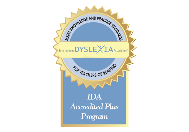 International Dislexia Association logo that is a seal and reads: Meets knowledge and practice standards for teachers of reading; International Dyslexia Association; IDA Accredited Plus Program
