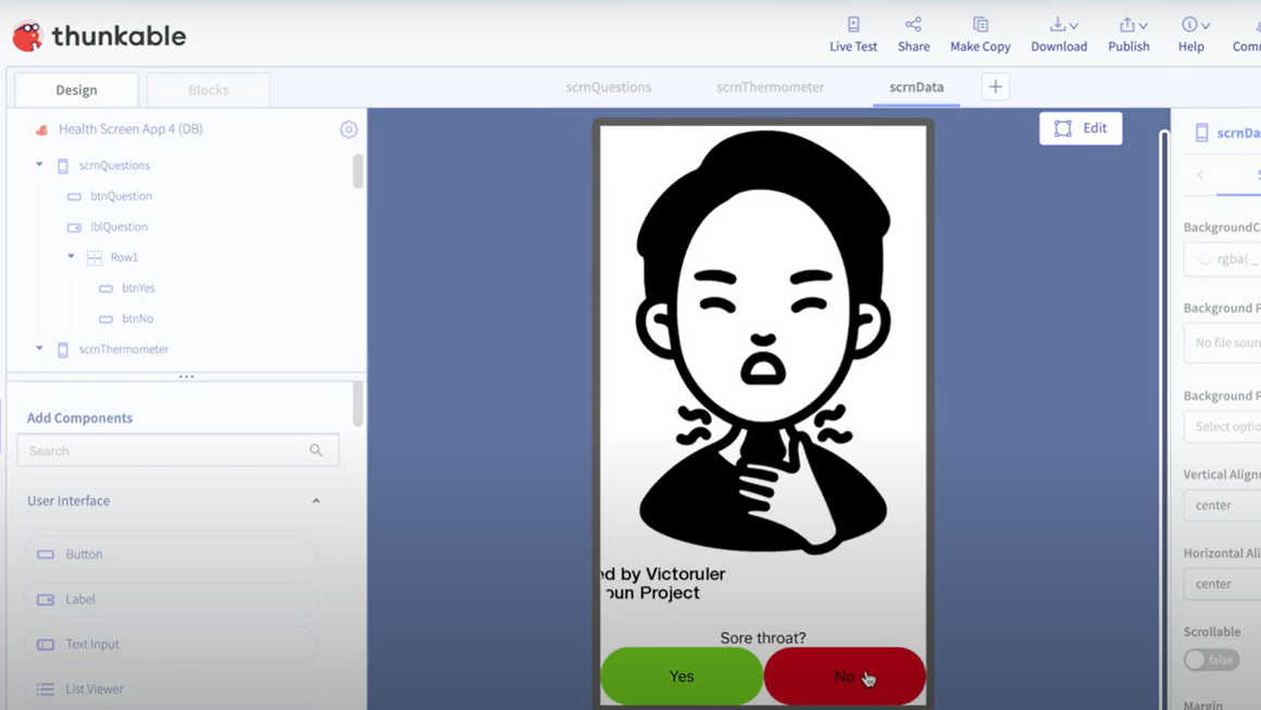 Screenshot of the Thunkable program used to create the symptom screening software.