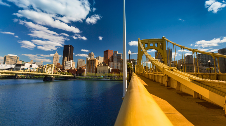 yellow bridge in downtown Pittsburgh