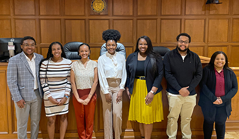 Black Law Student Association executive board members left to right are: Antonio Cheatom, 2L, Treasurer; Jamilah Wesley, 2L, Social Chair; Kebron Assefa, 3L, Academic Chair; Fallon Howard, 3L, Vice President, Olamide Owoeye, 3L, President; Derrick McNeely, 3L, Historian; and Michaela Smith, 2L, Secretary.