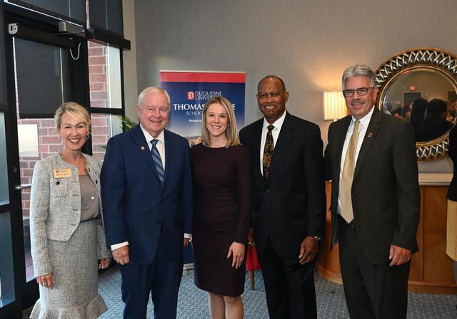 A photo of Dean Barton, Judge McCarthy, Kate Stoy, Judge Woodruff, and President Gormley.
