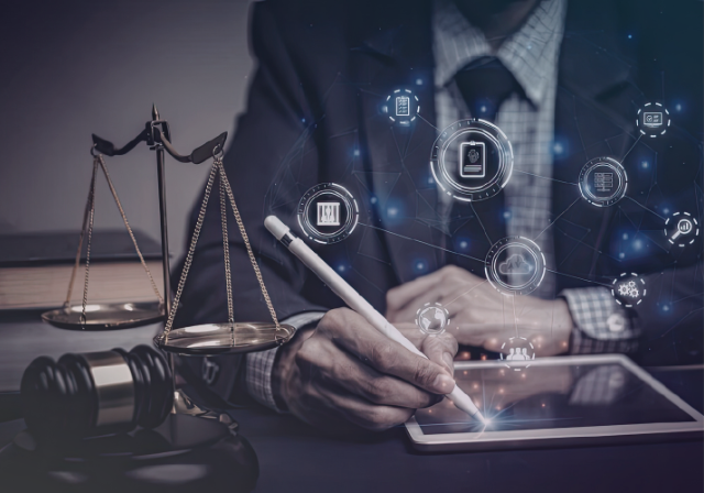 A man using a tablet with a digital pen, showing icons displaying from the touch point with a gavel and scales of justice in the foreground on the left..