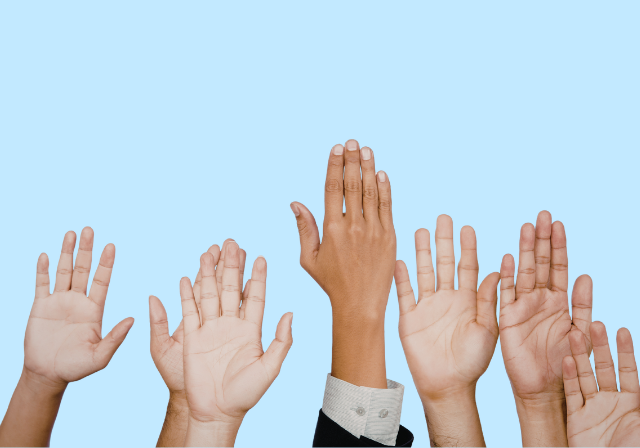 Raised hands on a light blue background.