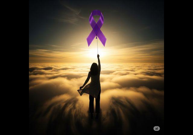 An AI-generated image of a girl in the sky at sunrise holding a balloon that is a purple ribbon