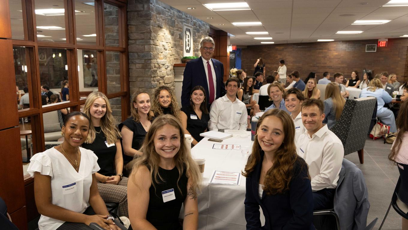 Students and president at the law school orientation