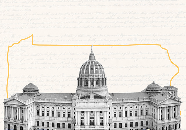 Supreme Court building image with the outline of Pennsylvania behind it as well as Constitution italicized text lettering