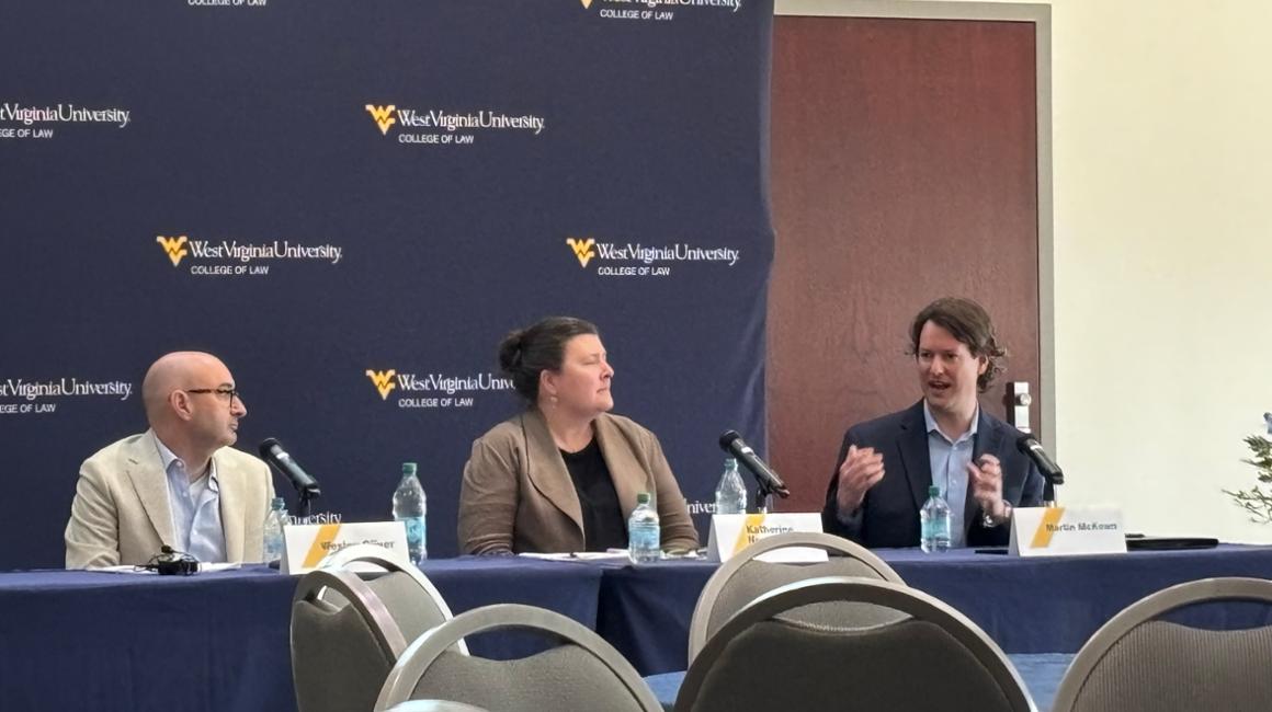 Three professors sitting at table presenting.