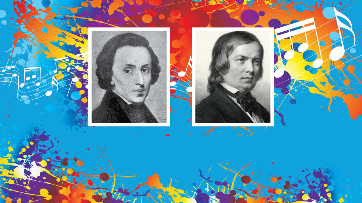 Multicolor graphic featuring black and white headshots of Chopin and Schumann.