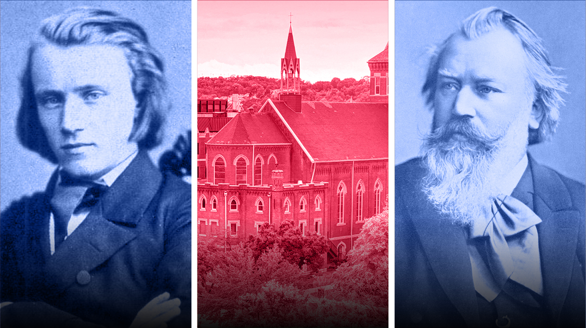 **Alt text:** Three-panel promotional graphic featuring blue-tinted portraits of Johannes Brahms as a young man on the left and later in life on the right, with a red-tinted photograph of Old Main at Duquesne University in the center. The portraits and campus image are separated by narrow white borders, creating a clean, symmetrical design.
