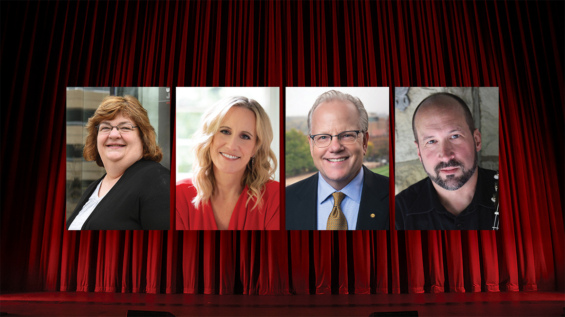 Four headshots displayed side by side against a red stage curtain background: a smiling woman with glasses and short brown hair, a blonde woman in a red top, a gray-haired man in a suit and tie, and a bearded man with a shaved head in a dark shirt.