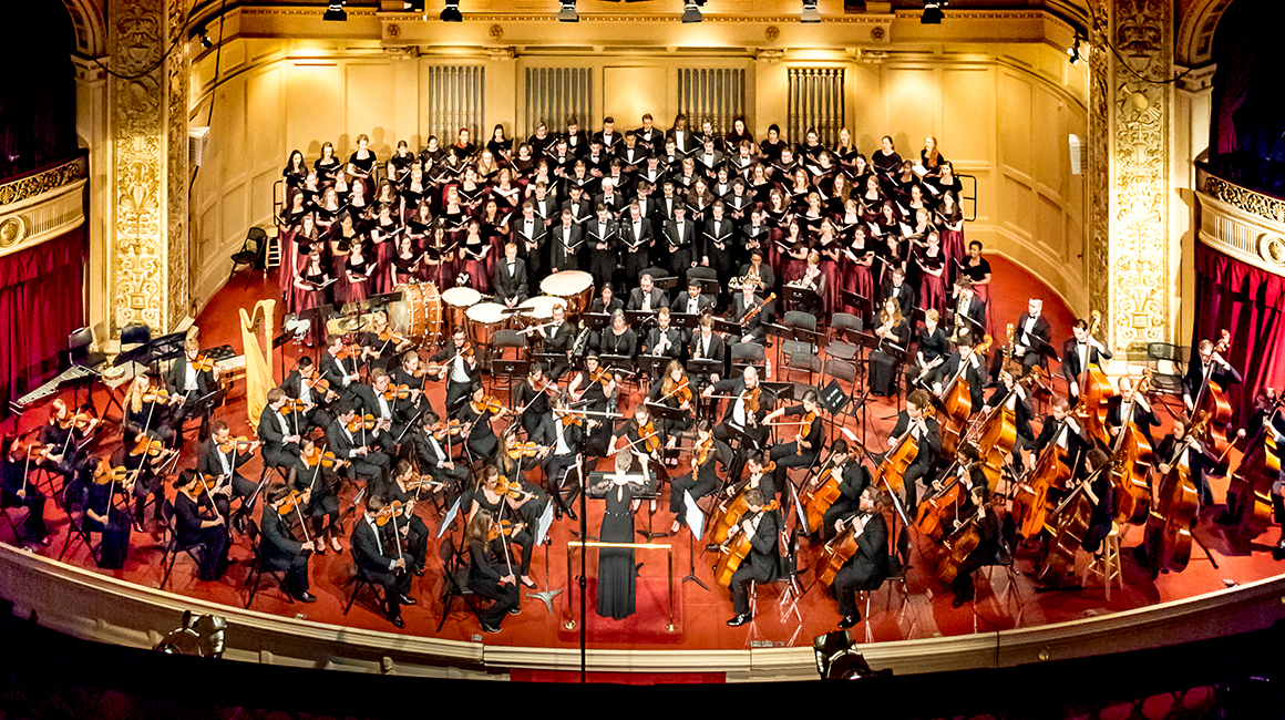 Duquesne Symphony Orchestra and Choirs on stage at Carnegie Music Hall in Oakland.