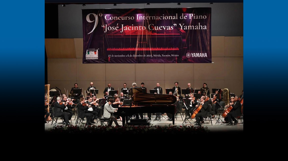 Maikol Pérez Gómez performs piano with the Yucatán Symphony Orchestra during the final round of the 9th José Jacinto Cuevas Yamaha International Piano Competition in Mérida, Mexico.