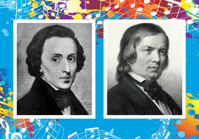 Blue graphic with black and white portraits of Schumann and Chopin overlaid.