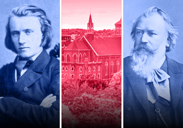Alt text: Three-panel promotional graphic featuring blue-tinted portraits of Johannes Brahms as a young man on the left and later in life on the right, with a red-tinted photograph of Old Main at Duquesne University in the center. The portraits and campus