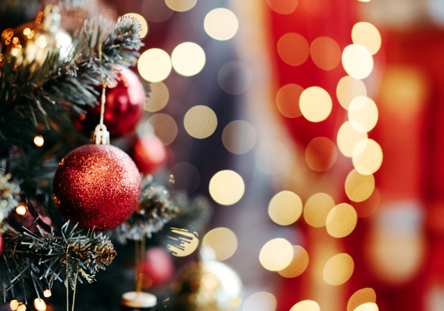 A red Christmas ornament hangs on a tree.