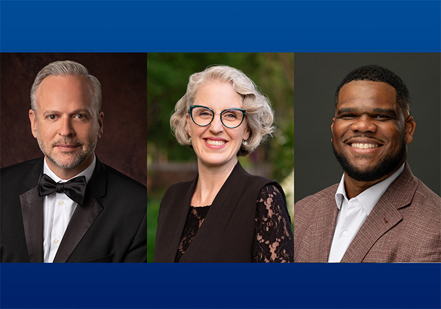 Three professional headshots displayed side by side on a blue background: one person in a black tuxedo with a bow tie, one person with wearing glasses and a black top, and one person in a brown blazer smiling.