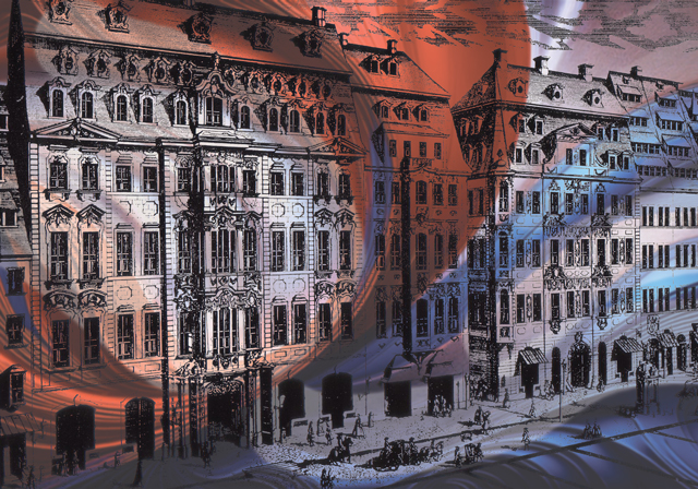 Red and blue swirls overlay an illustration of and old city street and buildings.