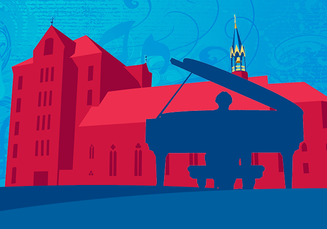 Graphic featuring a silhouette of a piano and pianist in front of a building.