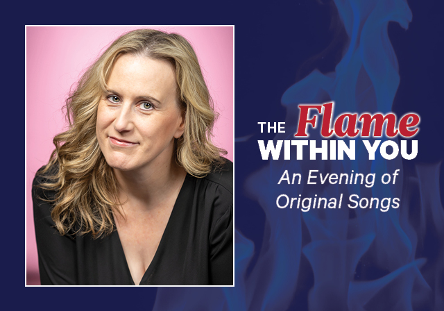 Blue graphic with a photo of a woman and text that reads The Flame Within You An Evening of Original Songs.
