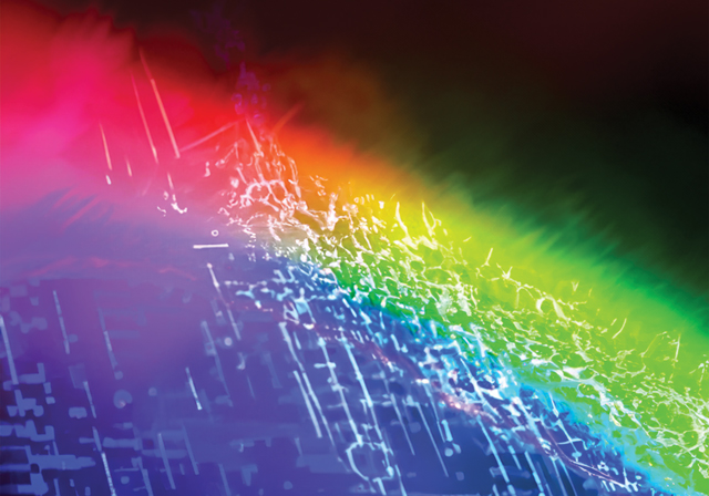 Graphic featuring digital artifacts with a rainbow overlay.