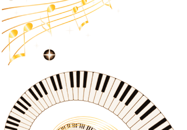 Graphic featuring spirals of yellow sheet music and keyboards.
