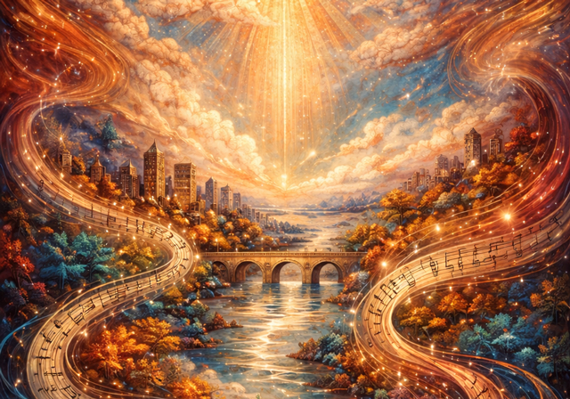 An abstract, painterly scene shows a glowing river flowing through a city and autumn hills, with swirling ribbons of light and musical notes rising into a radiant sky, evoking shared perspectives, connection, and the human experience in harmony.