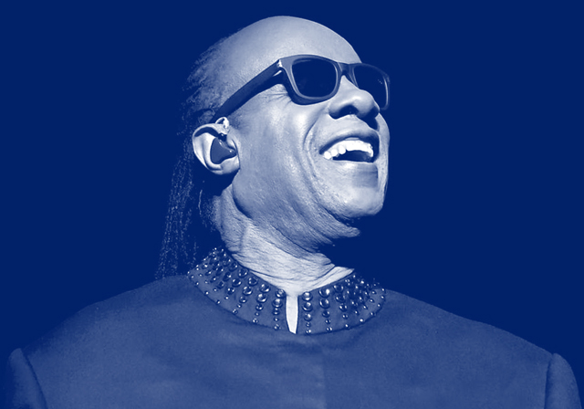 Blue photo of Stevie Wonder.